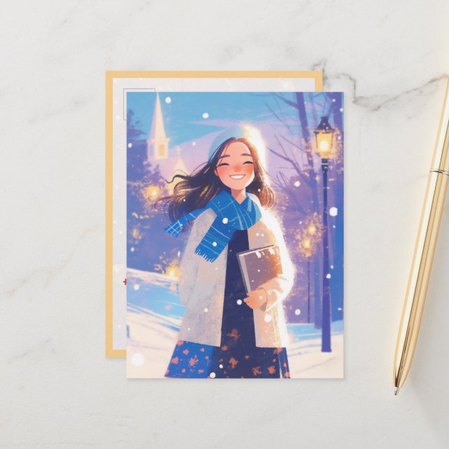 Beautiful Girl Walking on Winter Street Postcard (Front/Back In Situ)
