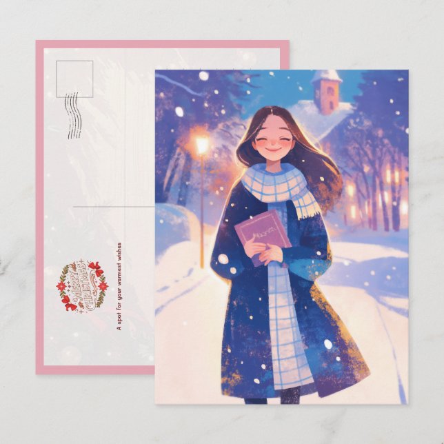 Beautiful Girl Walking on Winter Street Postcard (Front/Back)