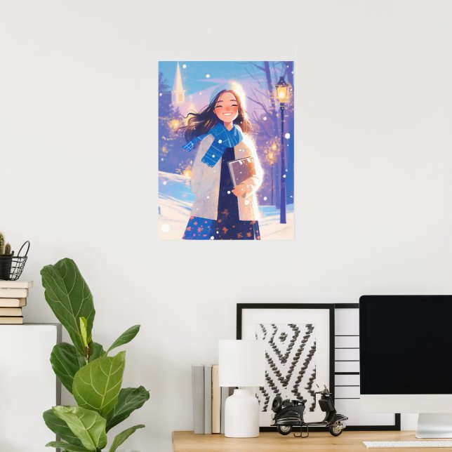 Beautiful Girl Walking on Winter Street Poster (Home Office)