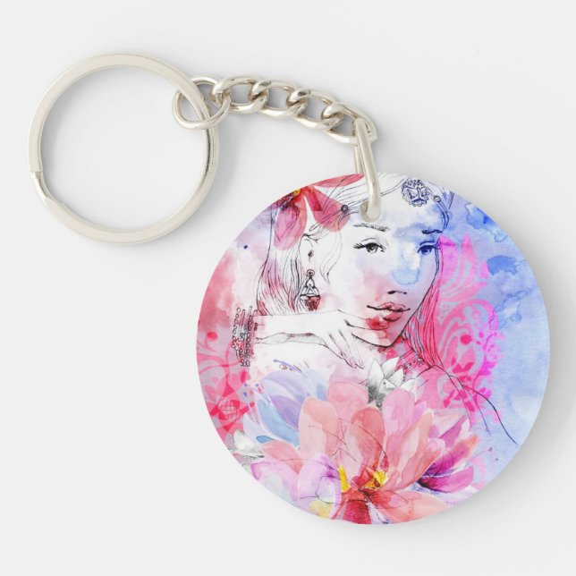 Beautiful girl with a bouquet of flowers key ring (Front)