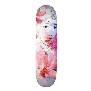 Beautiful girl with a bouquet of flowers skateboard