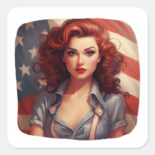 Beautiful Girl With An American Flag Square Sticker
