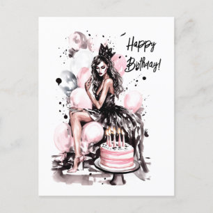 Beautiful girl with birthday cake holiday postcard