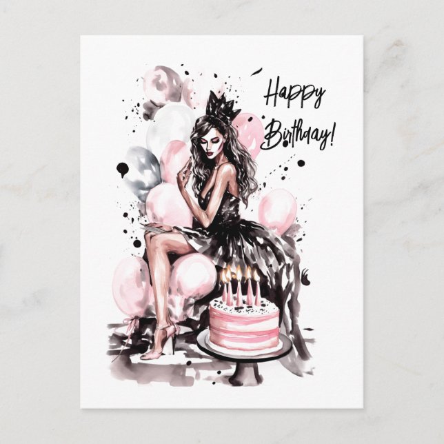 Beautiful girl with birthday cake holiday postcard (Front)