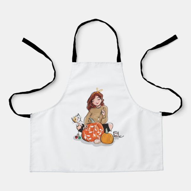 Beautiful Girl with Brown Hair Colouring Pumpkins Apron (Front)