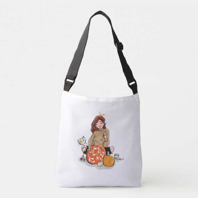 Beautiful Girl with Brown Hair Colouring Pumpkins Crossbody Bag (Front)