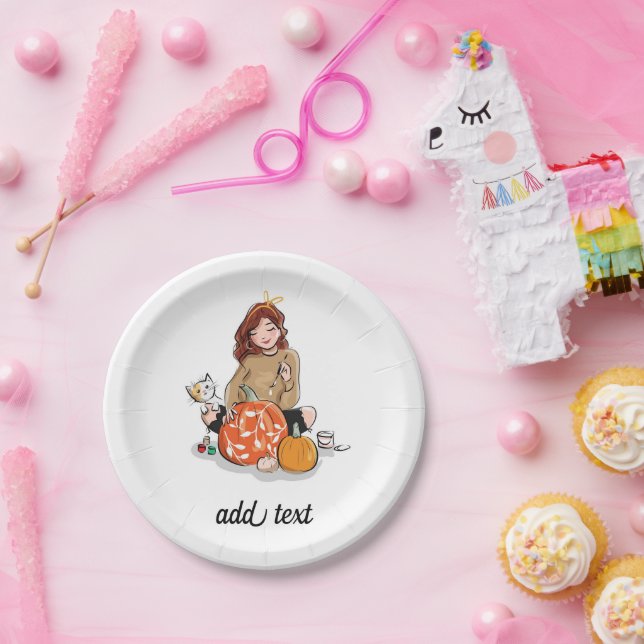 Beautiful Girl with Brown Hair Colouring Pumpkins Paper Plate (Party)