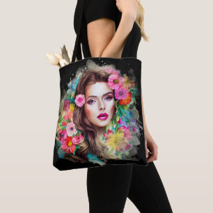 Beautiful Girl With Pink Rose Flowers Black Tote Bag