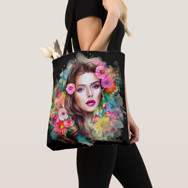 Beautiful Girl With Pink Rose Flowers Black Tote Bag (Close Up)