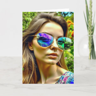 Beautiful Girl with Sunglasses Reflection Flowers Card