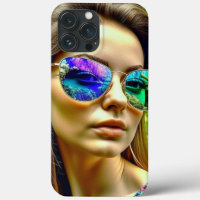 Beautiful Girl with Sunglasses Reflection Flowers