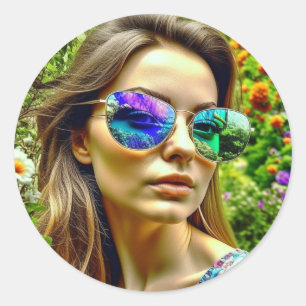 Beautiful Girl with Sunglasses Reflection Flowers Classic Round Sticker