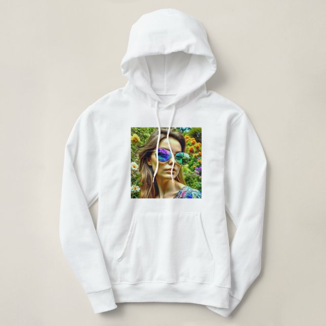 Beautiful Girl with Sunglasses Reflection Flowers Hoodie (Design Front)