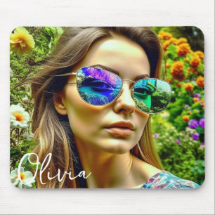 Beautiful Girl with Sunglasses Reflection Flowers Mouse Mat