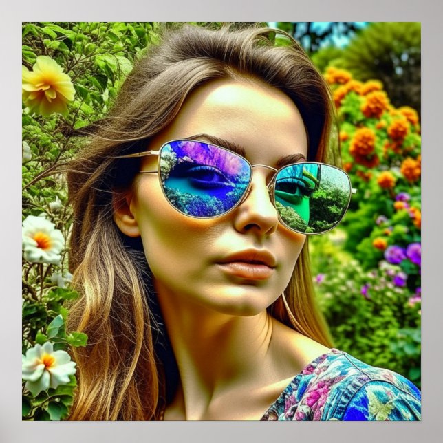 Beautiful Girl with Sunglasses Reflection Flowers Poster (Front)