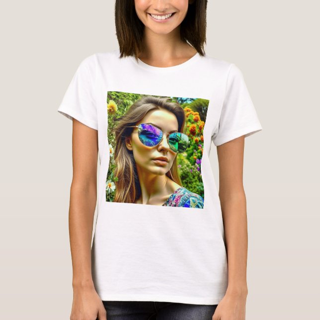 Beautiful Girl with Sunglasses Reflection Flowers T-Shirt (Front)