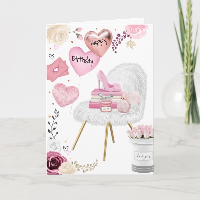 Beautiful Girly Happy Birthday Holiday Card (Front)