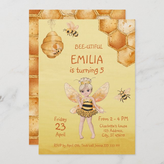 Beautiful Girly Honey Bee 5th Birthday Party Invitation (Front/Back)