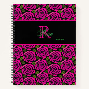 Beautiful Girly Hot Pink Roses Name Monogram Notebook