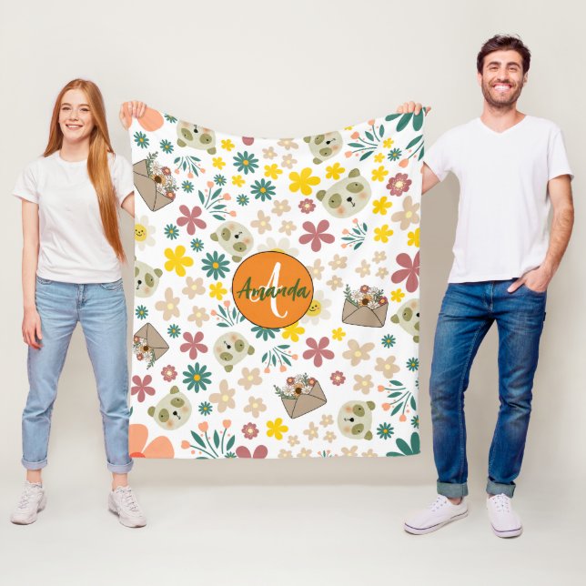 Beautiful girly monogrammed flowers pastel white fleece blanket (In Situ)