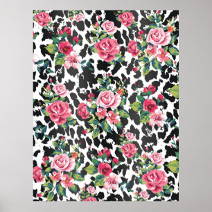 Beautiful girly trendy vintage roses and leopard poster