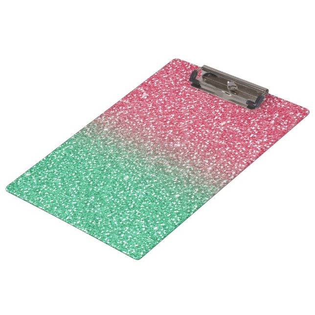 Beautiful girly trendypink green faux glitter clipboard (Angled)