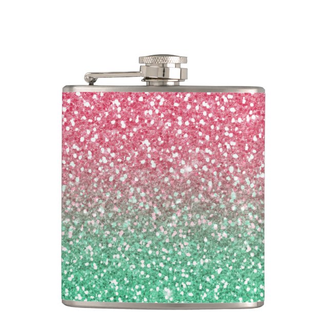 Beautiful girly trendypink green faux glitter hip flask (Front)