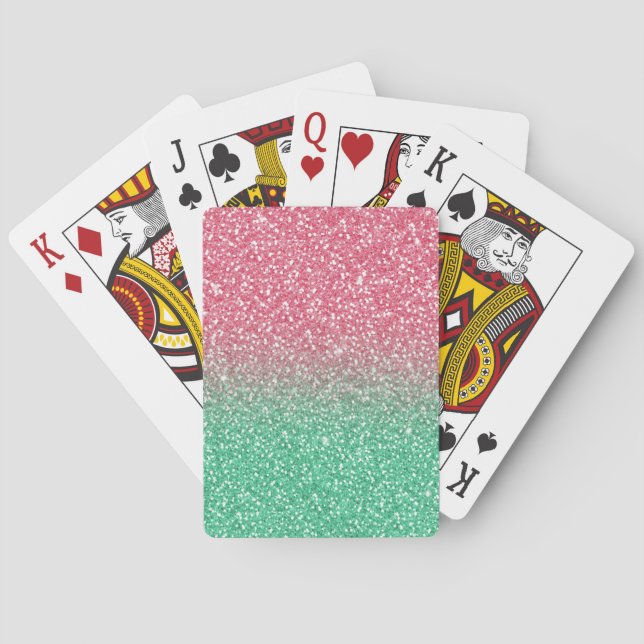 Beautiful girly trendypink green faux glitter playing cards (Back)