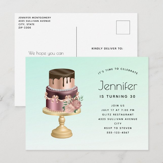 Beautiful Glam Party Cake Birthday Invitation Postcard (Front/Back)