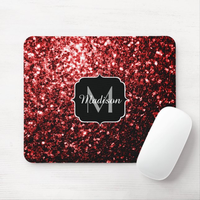 Beautiful Glamour Red Glitter sparkles Monogram Mouse Mat (With Mouse)