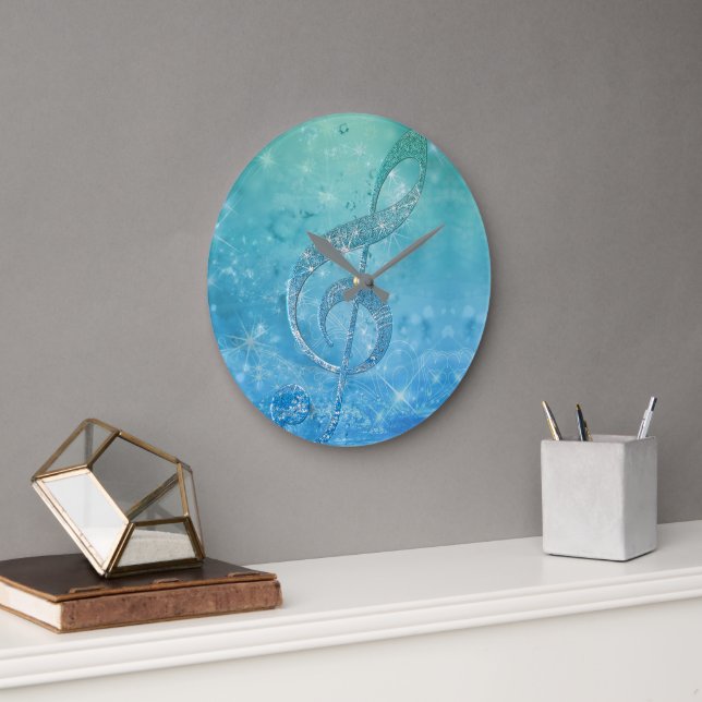 Beautiful Glittery Blue Music Note Treble Clef Large Clock (Office)