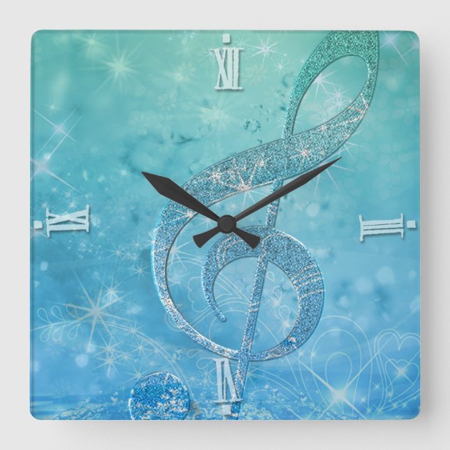 Beautiful glittery shining effect blue treble clef square wall clock (Front)