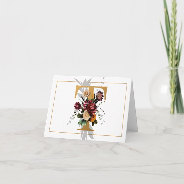 BEAUTIFUL GOLD AND FLORAL MONOGRAM T NOTE CARD (Front)