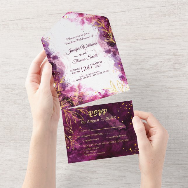 Beautiful Gold and Purple wedding All In One Invitation (Tearaway)