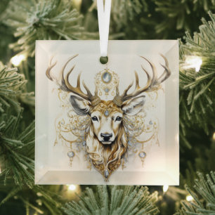 Beautiful Gold and White Christmas Deer Designs Glass Tree Decoration