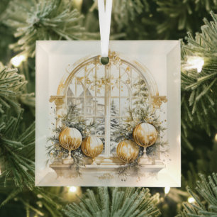 Beautiful Gold and White Christmas Designs  Glass Tree Decoration