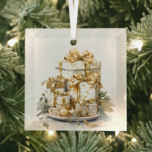 Beautiful Gold and White Christmas Present Design  Glass Tree Decoration