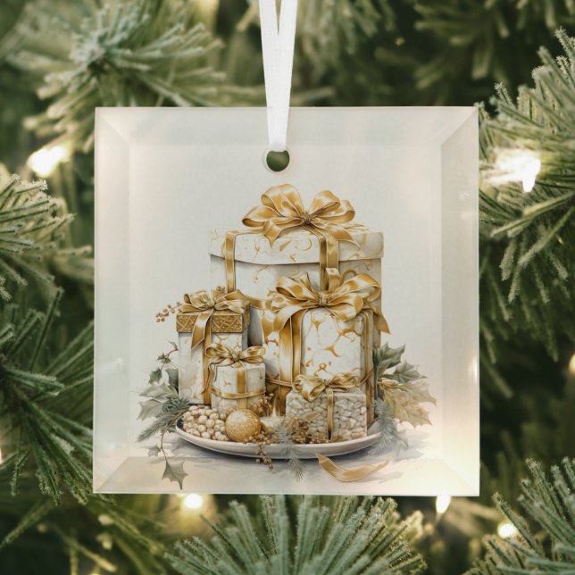 Beautiful Gold and White Christmas Present Design  Glass Tree Decoration (Insitu)