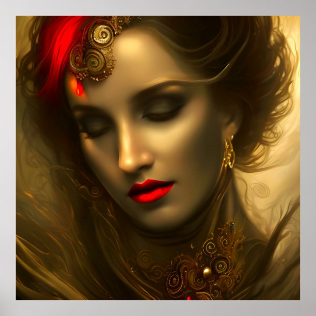 Beautiful gold brunette women with red lips jewels poster (Front)