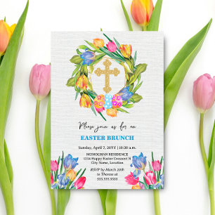 Beautiful Gold Cross Easter Eggs Tulips Invitation