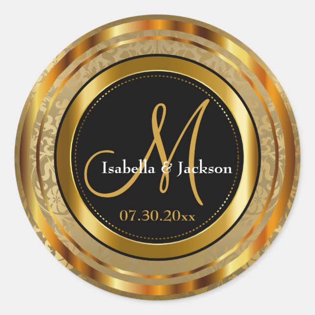 Beautiful Gold Damask and Black Classic Round Sticker (Front)