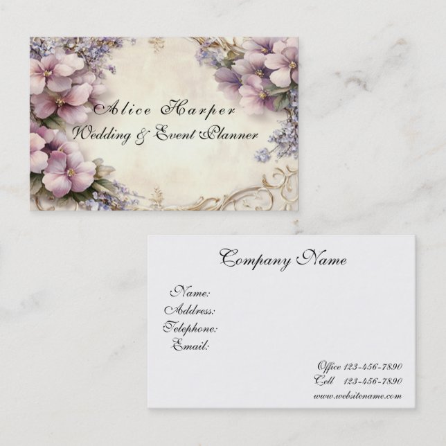 Beautiful Gold Filigree Pink Lavender Flowers  Business Card (Front/Back)