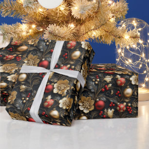 Beautiful Gold Flowers Red & Gold Ornaments Wrapping Paper