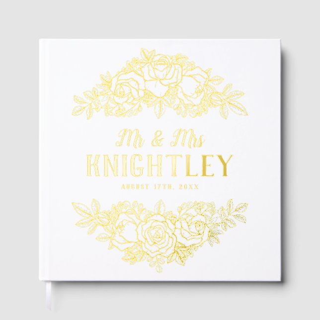 Beautiful Gold Foil Roses Floral Wedding Guest Book (Front)