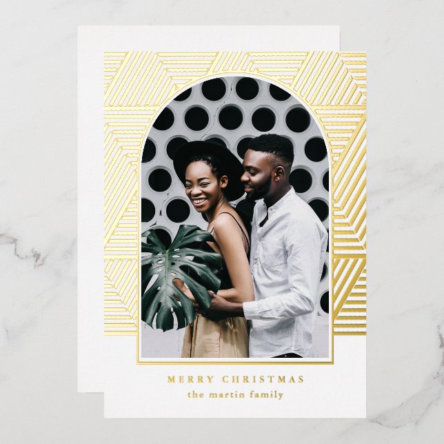 Beautiful Gold Geometric Pattern Photo Christmas Foil Holiday Card (Front/Back)
