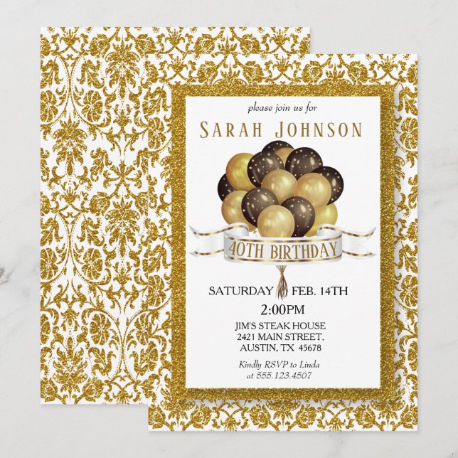 Beautiful Gold Glitter Damask Birthday Invitation (Front/Back)