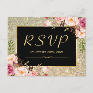Beautiful Gold Glitter Floral RSVP Response Invitation Postcard