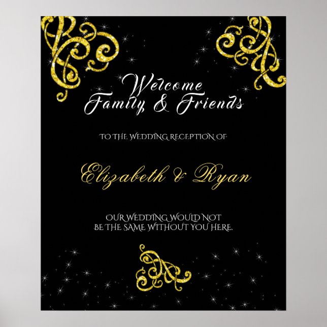 Beautiful Gold Glitter Swirls Bright Stars Poster (Front)