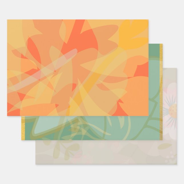 Beautiful Gold Green Pink Orange Floral Pattern Wrapping Paper Sheet (Set)