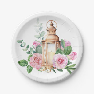 Beautiful gold lantern with pink roses paper plate